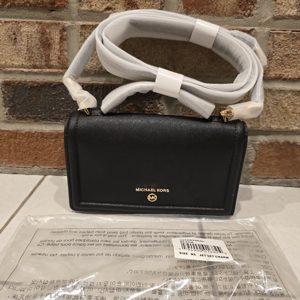 NWT Michael Kors Jet Set Small Crossgrain Leather Smartphone Crossbody Bag Black
